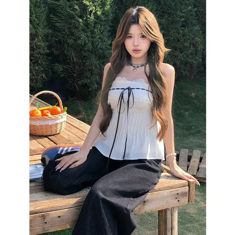 复古美式辣妹抹胸背心女夏季显瘦性感花边设计感小众ins短款上衣