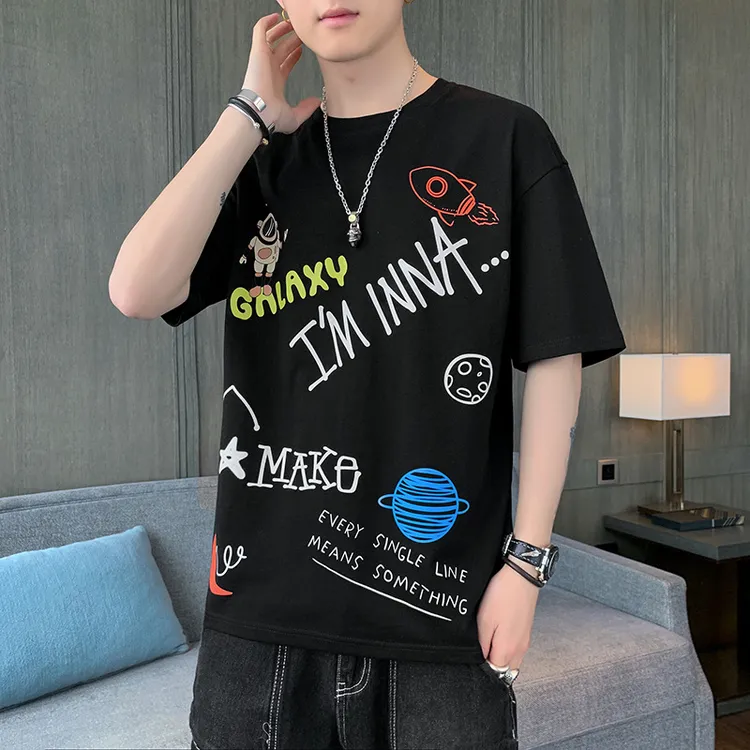 2025夏季新款男士短袖T恤韩版潮流百搭帅气印花纯棉圆领打底衫男