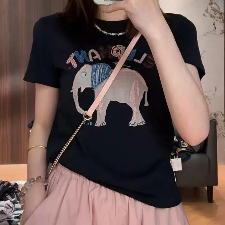 设计感大象刺绣短袖T恤女2025夏季新款时尚少女百搭显瘦减龄上衣