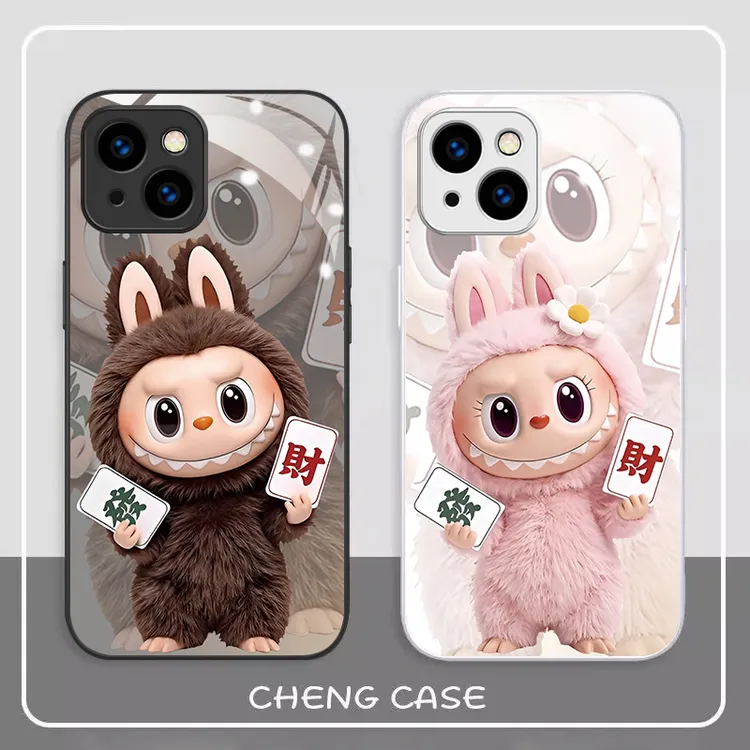 发财拉布布苹果13手机壳金属漆冰感耐脏玻璃壳散热高级感全包防摔