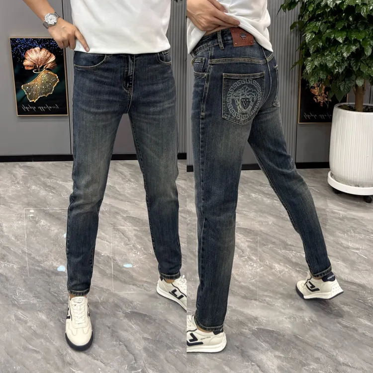 牛仔裤男秋季款时尚弹力休闲裤子男百搭修身显瘦印花小脚裤男潮流