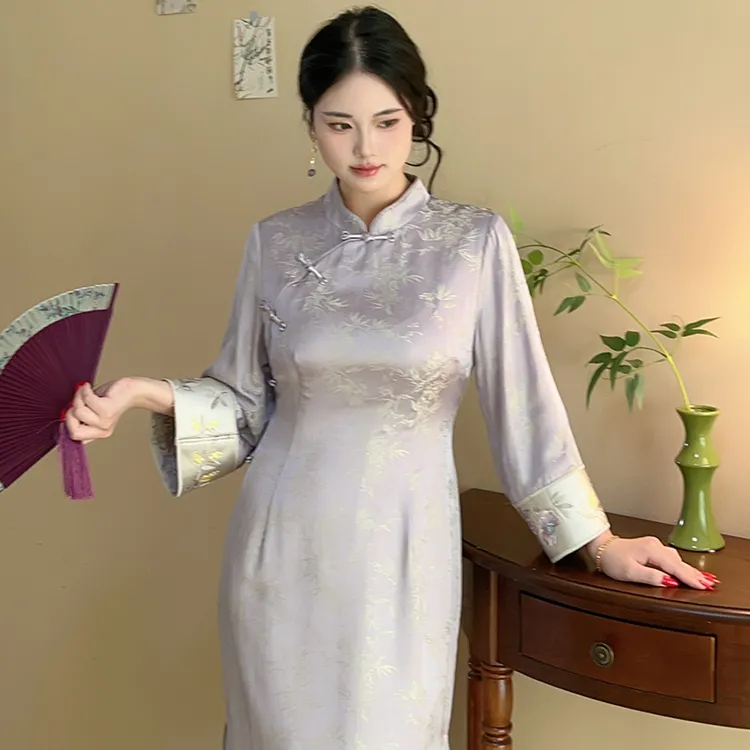 紫翠【自制款】绝美浅紫色高级温柔大码胖mm新中式旗袍气质连衣裙