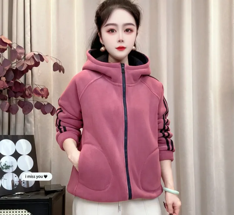 冬季新款拼条加绒加厚奥粒绒复合北极绒女士连帽外套