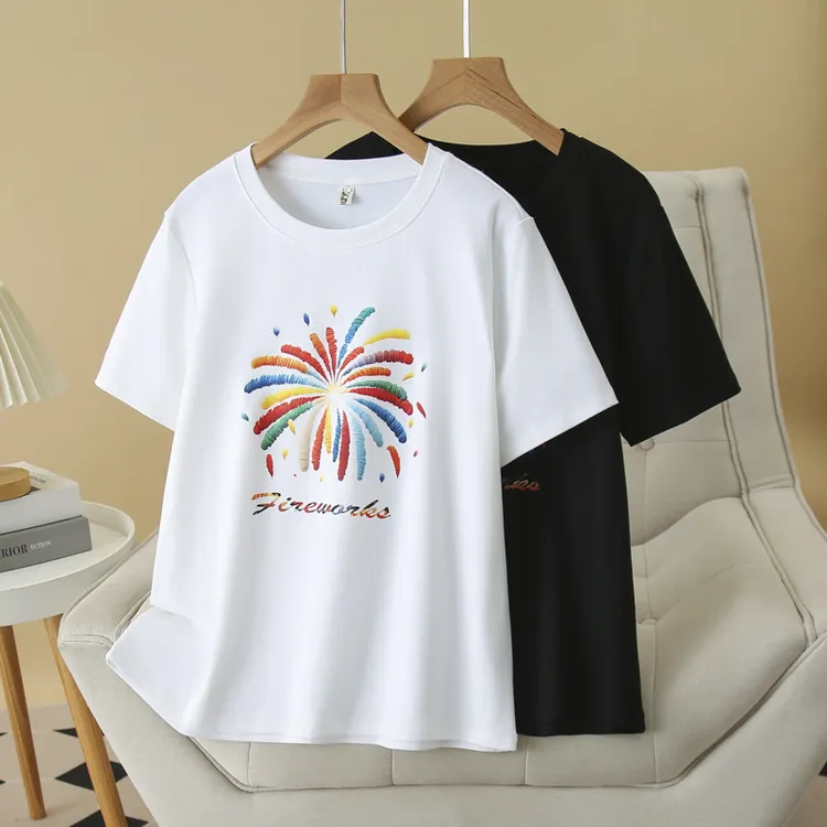 200斤胖妹妹夏季大码新款气质小清新烟花短袖百搭休闲T恤上衣6425