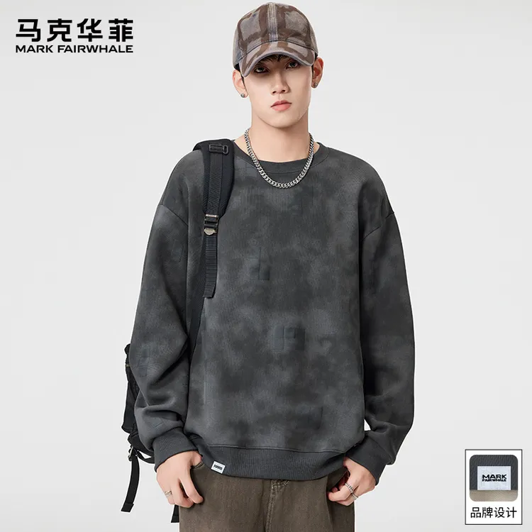 马克华菲美式复古重磅卫衣男士秋季新款宽松圆领扎染百搭休闲上衣