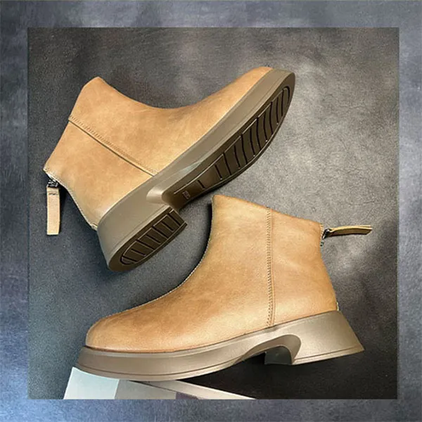 真皮超轻防滑复古圆头短靴女保暖休闲风英伦风百搭低跟时尚后拉链