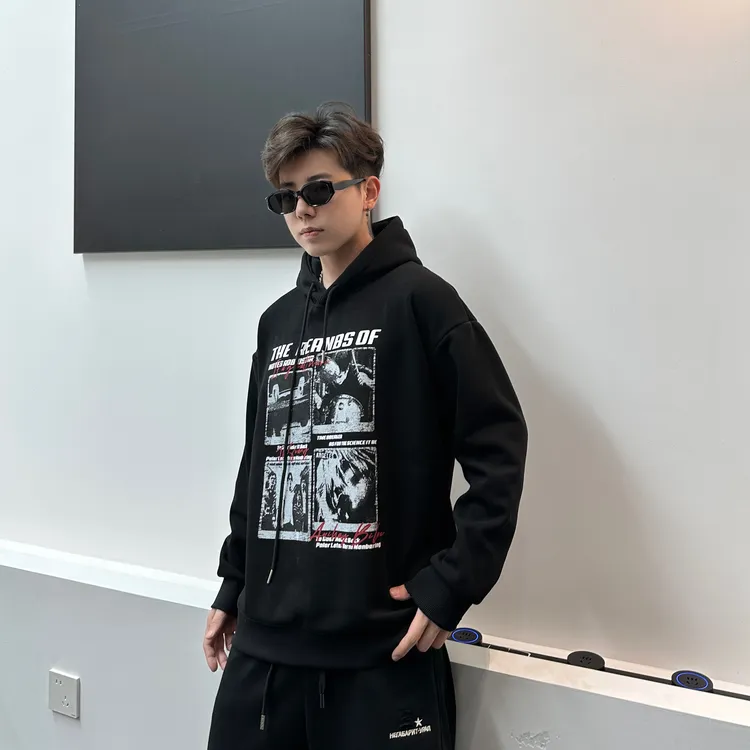 【YUZE】冬季加绒加厚美式复古潮流宽松百搭印花保暖连帽卫衣7667