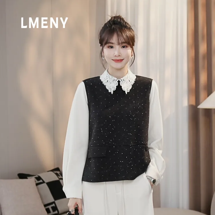 LMENY“星光闪闪”蚕丝羊毛！加厚拉绒烫钻假两件蕾丝小衫25DC029