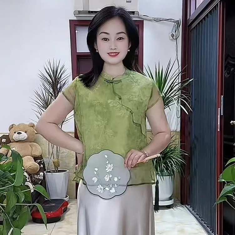 【金枝玉叶】新中式夏季轻凉暗纹斜襟盘扣盖袖双层衬衫女气质显瘦