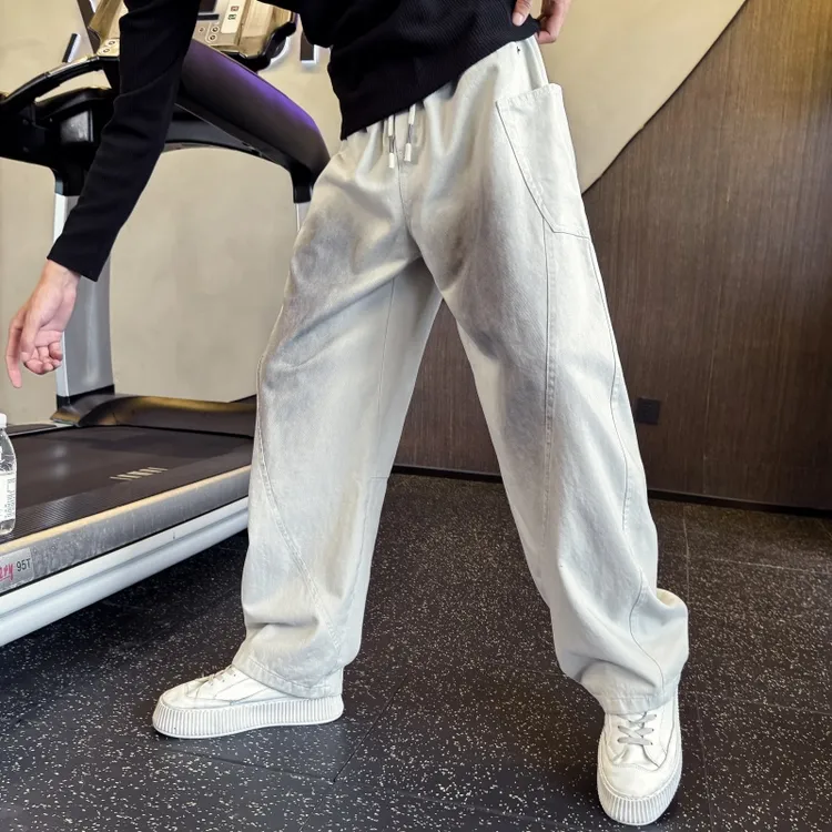 渐变色脏脏仿牛仔裤男士春秋款潮牌直筒宽松弯刀裤男生休闲长裤子