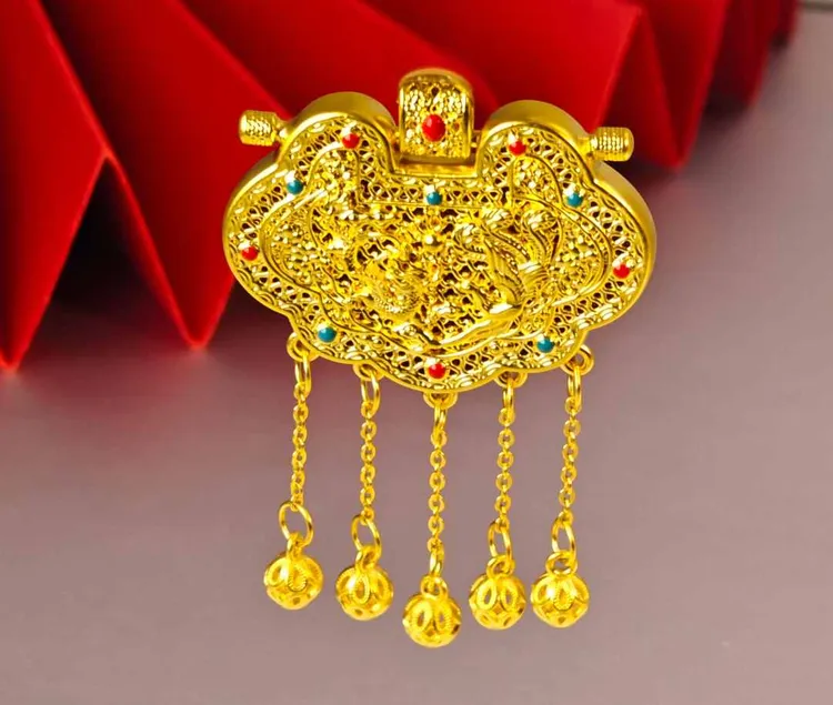 姐妹黄金  足金999珐琅彩天子门生花丝镶嵌龙凤流苏锁吊坠