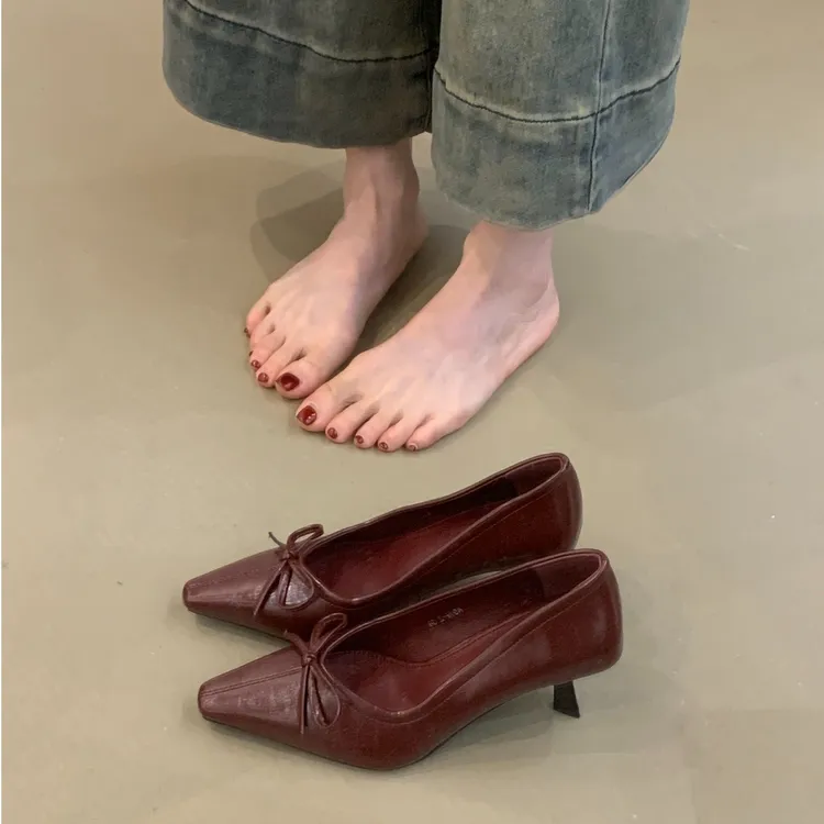 MDH-A919-2高跟鞋女鞋2026年春季法式气质蝴蝶结浅口细跟通勤单鞋