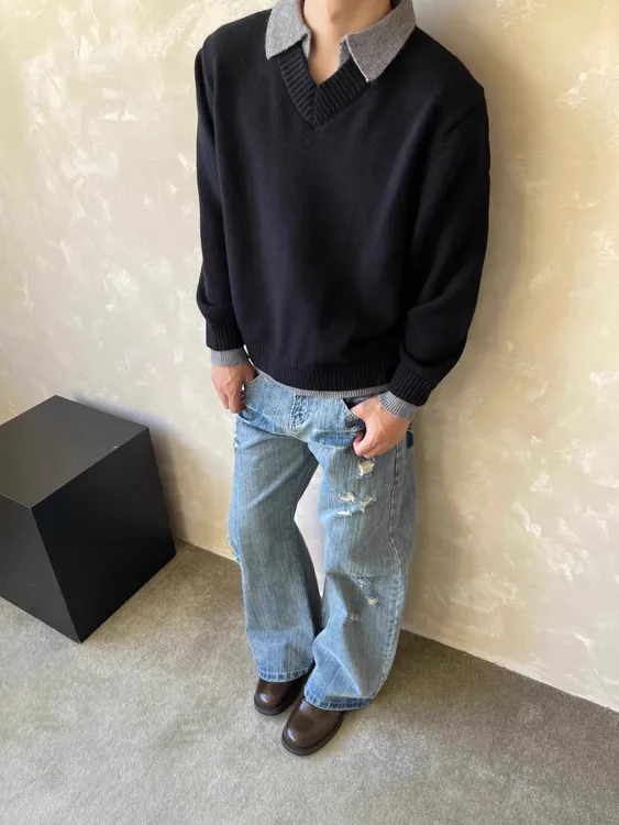 BINXLAN美式复古假两件v领毛衣男女宽松休闲百搭情侣装针织衫上衣