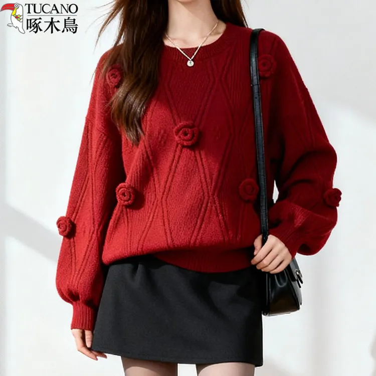 啄木鸟高级感红色毛衣女款秋冬新款时尚洋气灯笼袖宽松套头针织衫