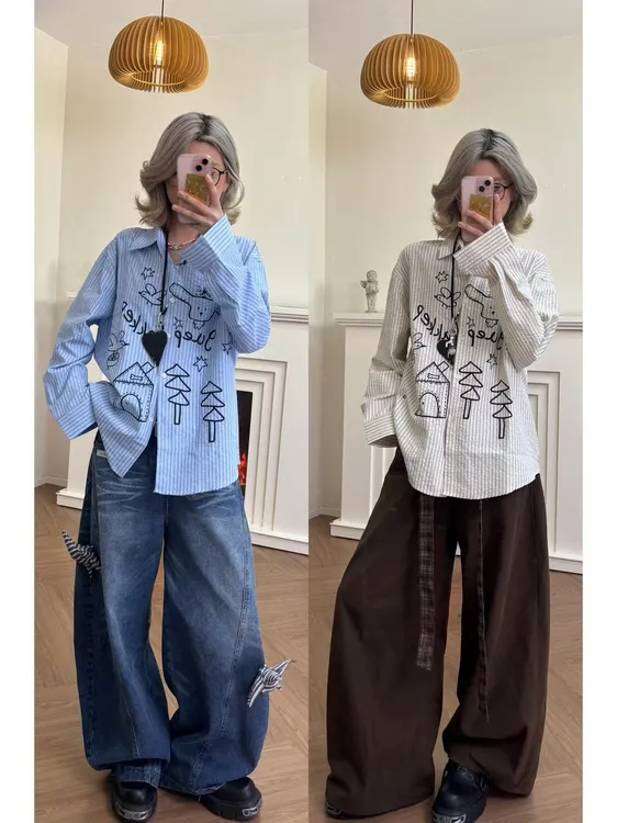 慵懒风出游易打理抗皱竖条纹免烫衬衫宽松长袖男女衬衫一衣多穿