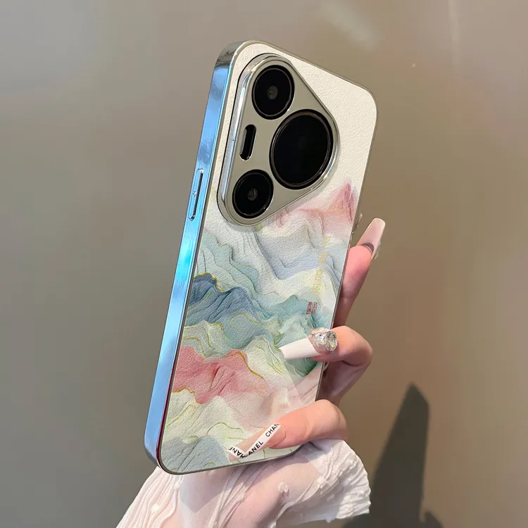 适用华为pura80pro手机壳彩色山峦电镀小羊皮网红女款创意ins高档