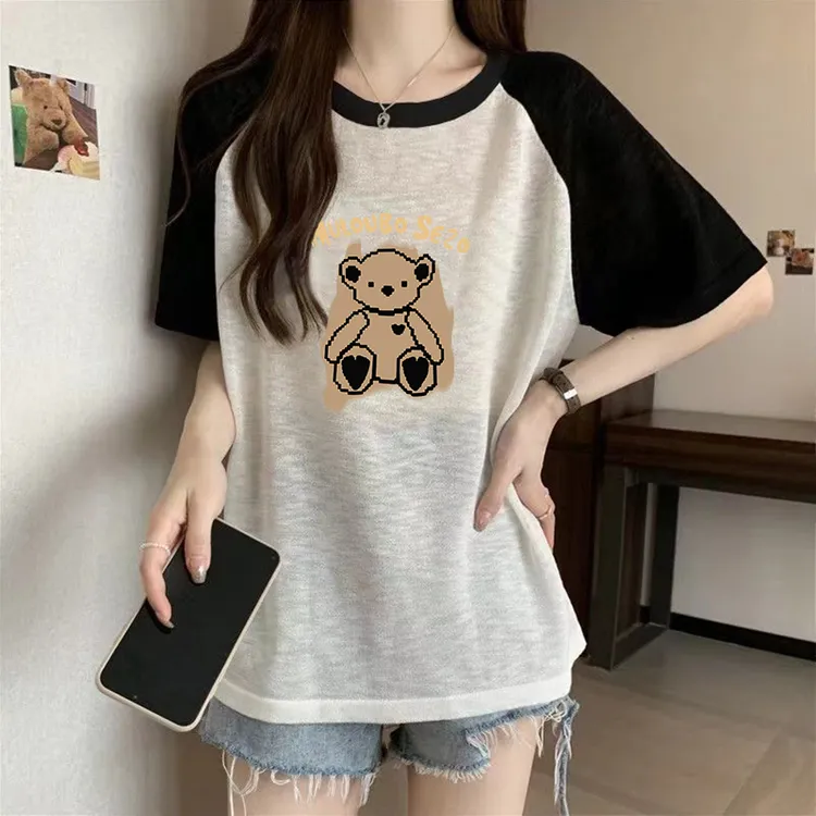 纯棉竹节棉拼接插肩袖大码T恤女士夏季爆款透气休闲大码宽松上衣