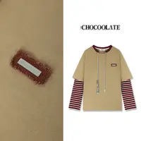 ：CHOCOOLATE假两件拼条纹袖子圆领抽绳上衣CCLLTXKL63870