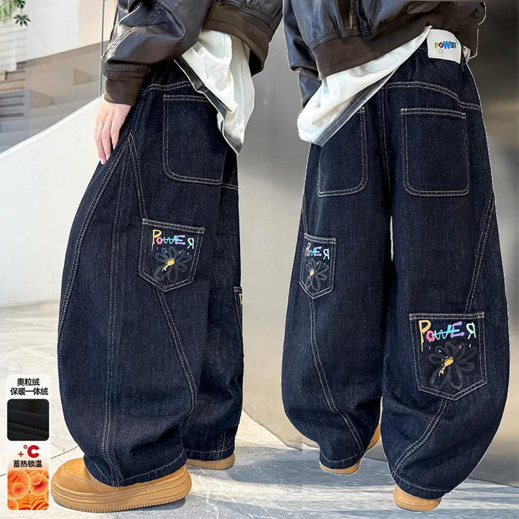 儿童牛仔弯刀裤冬季加绒加厚中大童纯色卡通字母痞帅男童裤子洋气