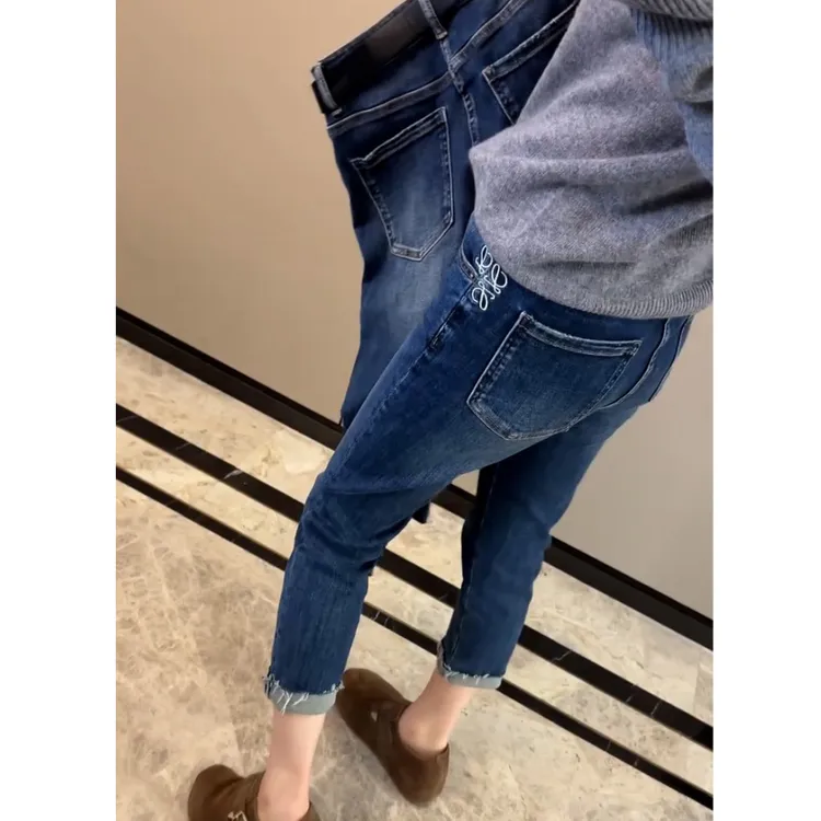 蓝色高腰弹力毛边直筒牛仔裤女秋季大码宽松显瘦小个子九分烟管裤