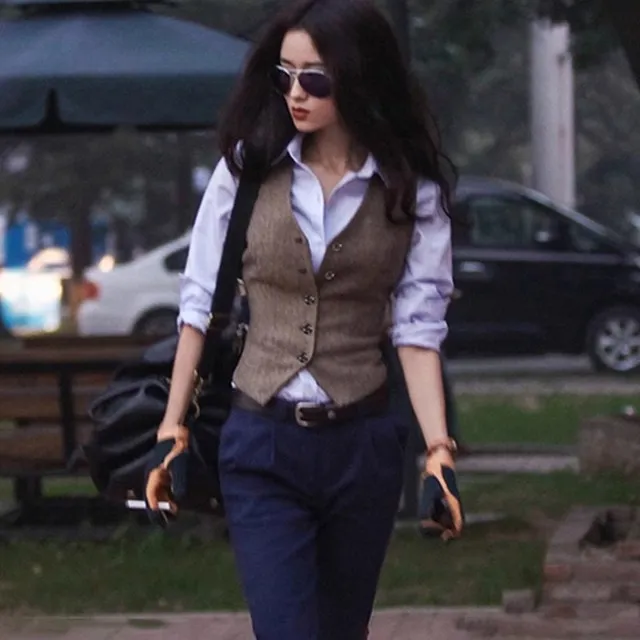 外套女短款春秋英伦风西装背心女士中性覆古人字毛呢背心修身骑马