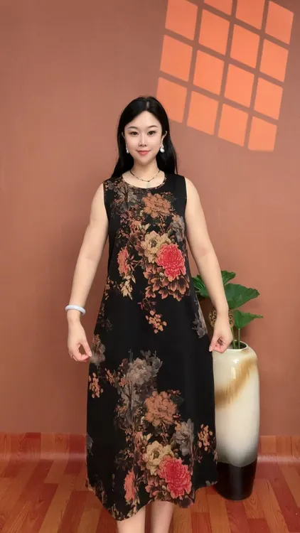 CC（牡丹花）夏季无袖背心气时尚气质印花优雅宽松连衣裙