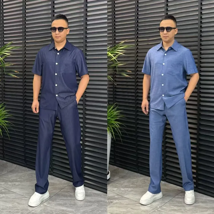 张先生欧货•35260春夏款男士时尚休闲潮流微宽松翻领牛仔套装