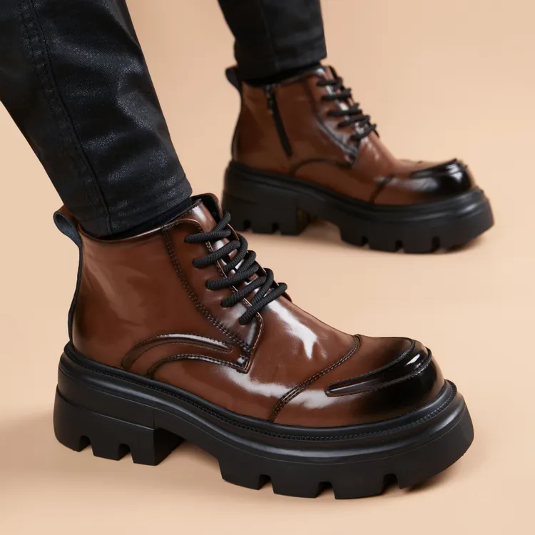 2025新款短靴男真皮厚底内增高8cm高帮皮鞋侧拉链运动休闲高级感