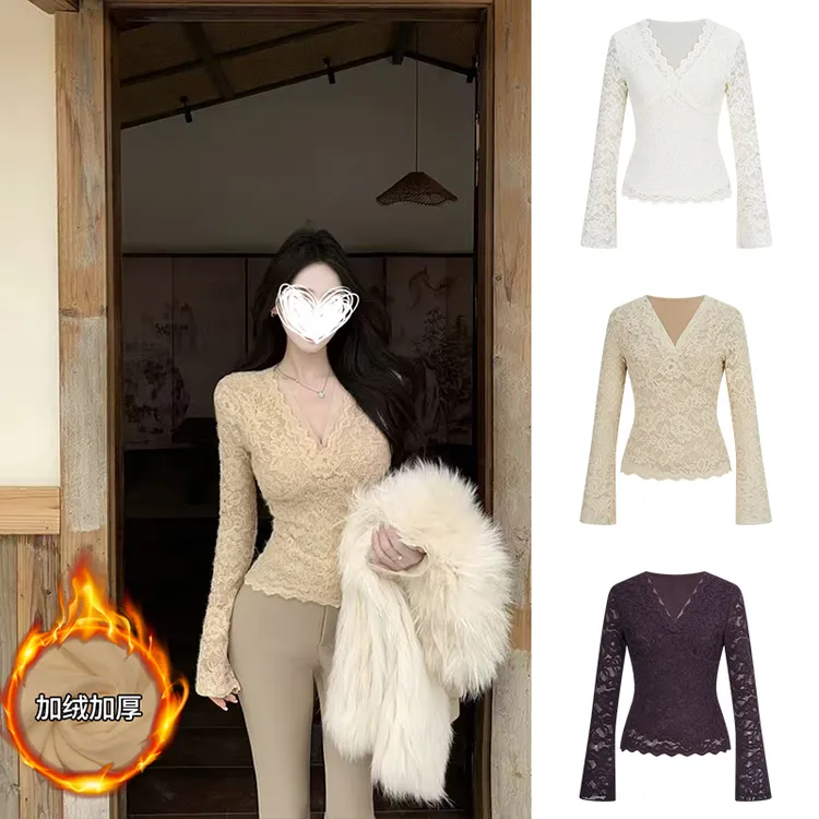 Moses Queen/魔西女王设计款V领性感长袖蕾丝秋冬打底衫加绒T恤女
