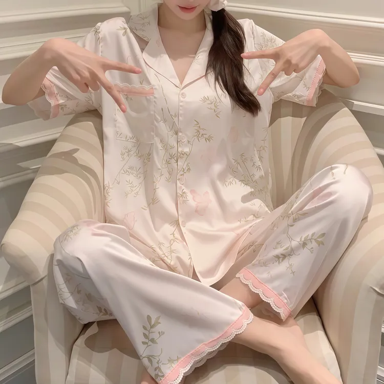 gpsunlu「花间蝶影」高级感蕾丝边冰丝睡衣春秋夏季薄款家居服套装