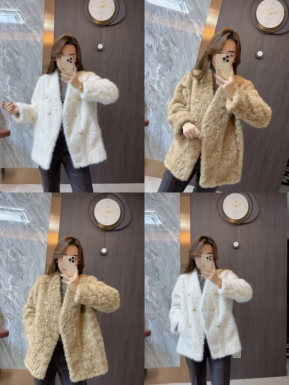 厚款拼接耐磨长袖V领外套时尚气质短外套冬季轻奢百搭女士宽松