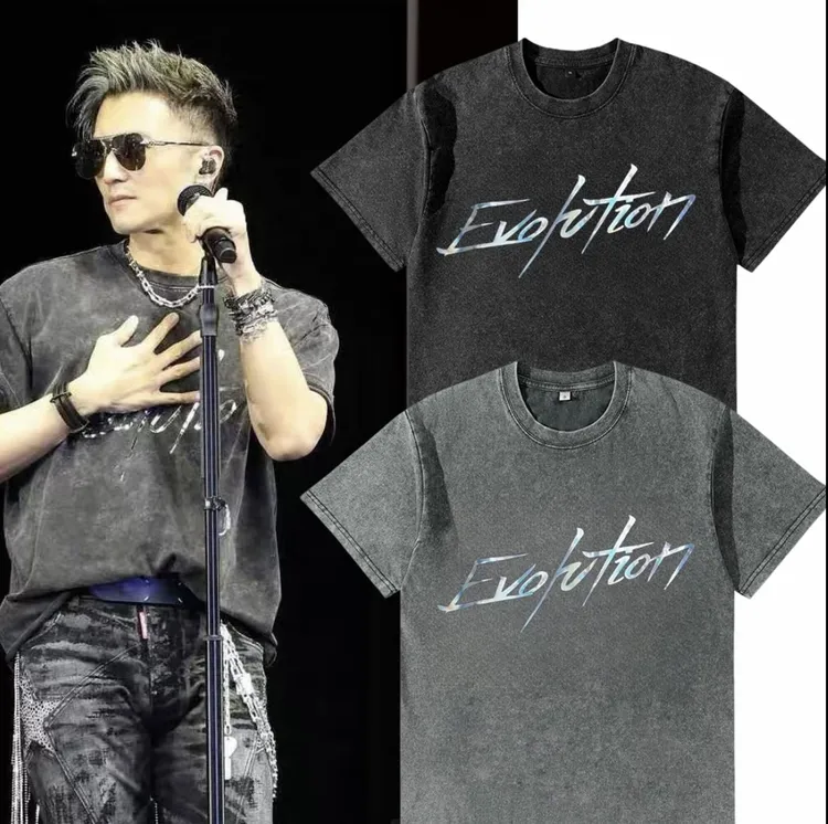 谢霆锋2025演唱会同款水洗黑重磅T恤短袖周边反光纯棉男女做旧t潮