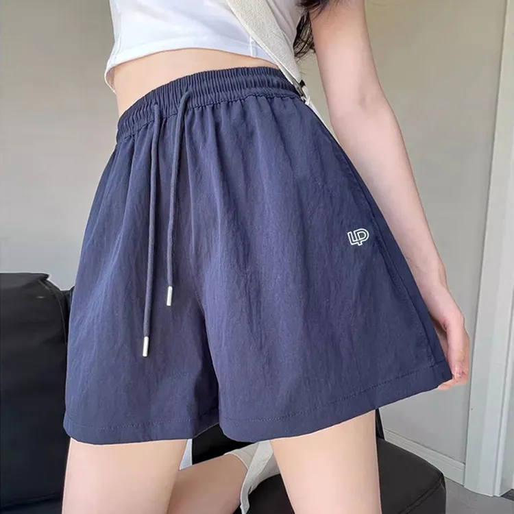 高腰刺绣夏季韩版五分裤裤子蓝色刺绣速干短裤运动