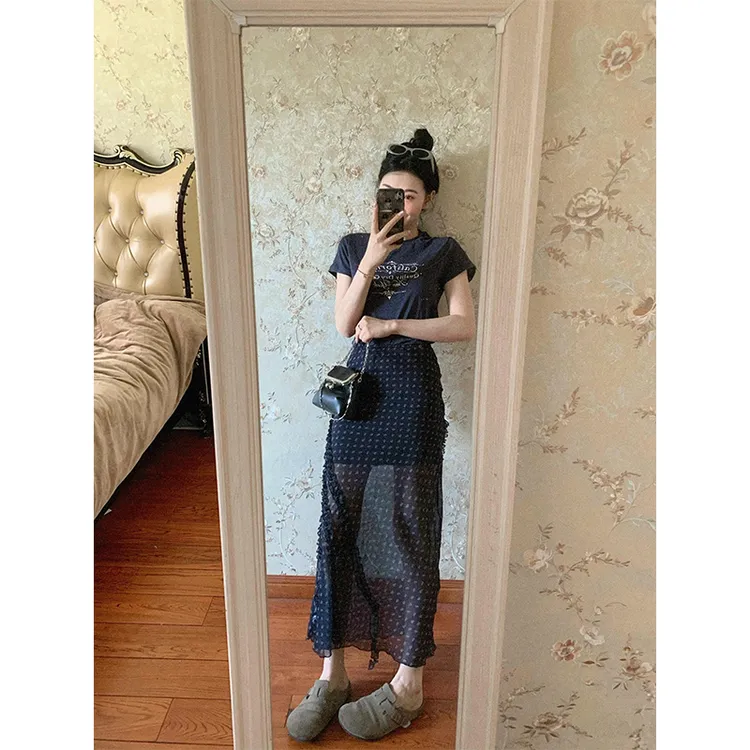 2025夏季新款时髦气质设计款上衣短袖T恤百搭显瘦休闲网纱半身裙