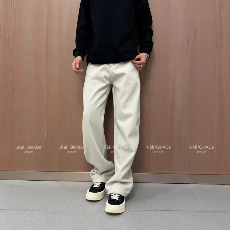 QinADe秋冬极简风加绒加厚纯棉直筒裤男士立体剪裁解构宽松休闲裤