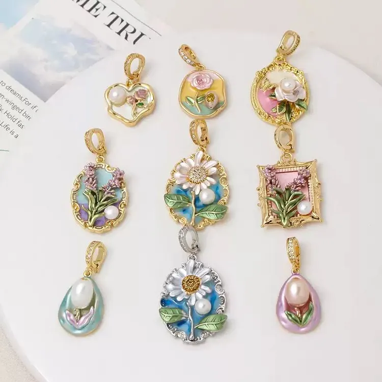 莫奈花园油画风万能扣可替换项链吊坠多种替换淡水珍珠花朵挂件