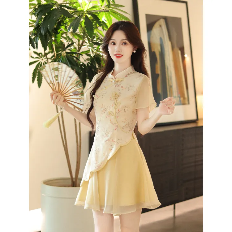 瑶西【漓月】女夏黄色柔纱巨好看的短裙出游汉服新中式裙子两件套