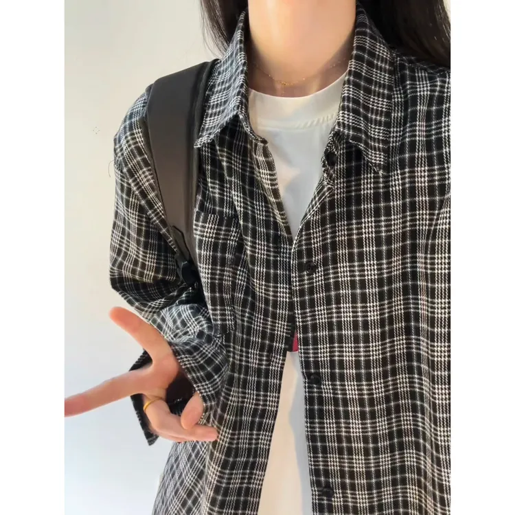 青少年日系复古风格子衬衫男春秋季宽松休闲长袖衬衣高中生外套潮