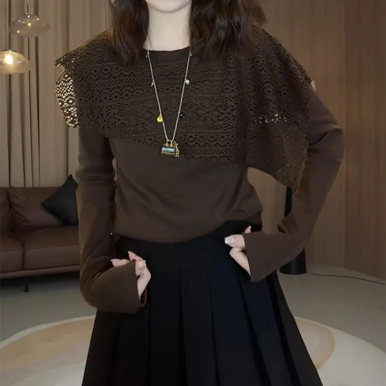 小众减龄设计感拼接镂空圆领T恤女早秋韩系慵懒显瘦纯色百搭上衣