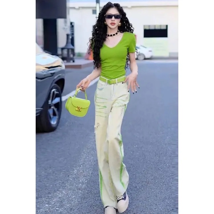 哥弟阿玛施正品 夏款气质恤百搭显瘦上衣时尚蓝色拼接绿色涂鸦破