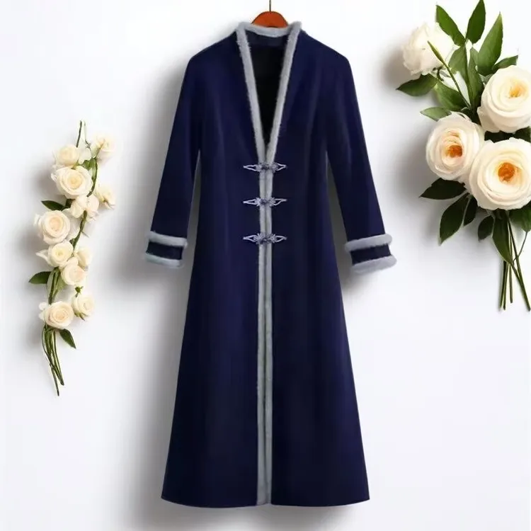 新中式加绒加厚高档雪尼尔旗袍外披大衣时尚气质百搭保暖外套女