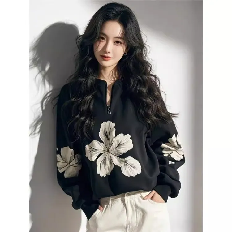 欧货重磅2025年春季新款女装高级感穿搭半拉链花朵印花漂亮上衣潮