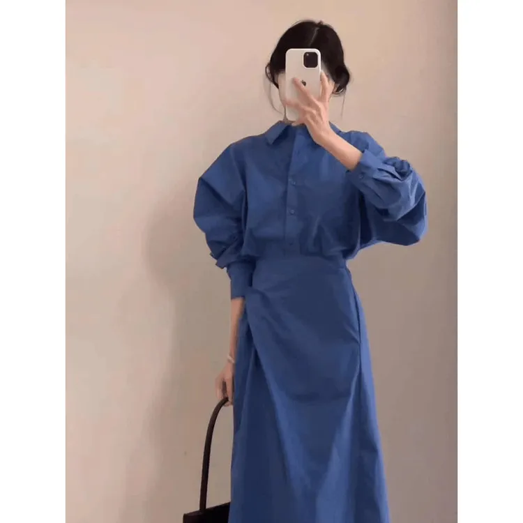 实价现货韩系蓝色polo领长袖衬衫连衣裙女春季百搭收腰显瘦长裙子