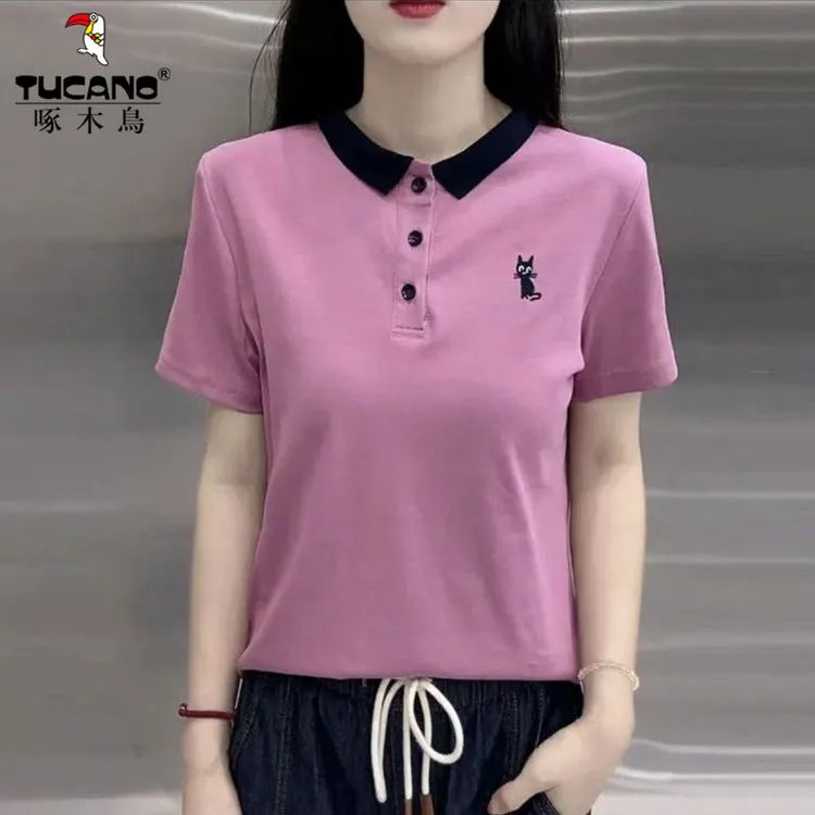 啄木鸟~小猫刺绣翻领短袖T恤女夏季新款时尚妈妈装宽松POLO衫上衣
