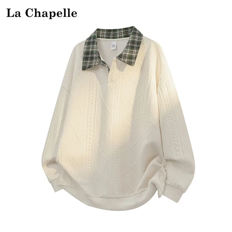 La Chapelle/拉夏贝尔秋季休闲复古翻领格子宽松大码提花卫衣男女