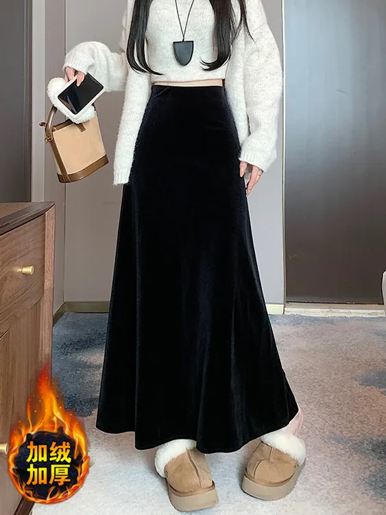 2025金丝绒高腰A字裙半身裙女秋冬季新款加厚高级半裙气质长裙