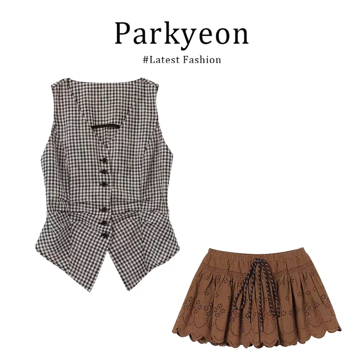 parkyeon法式复古穿搭套装收腰无袖背心上衣高腰显瘦百褶短裙套装