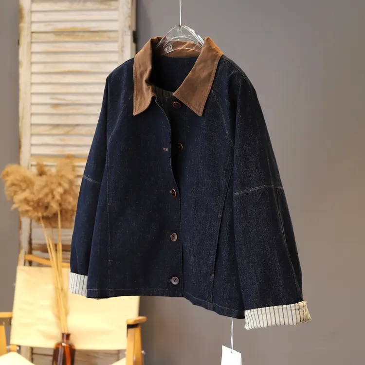 2025年新款秋季拼接设计感双层宽松休闲牛仔外套文艺复古百搭通勤