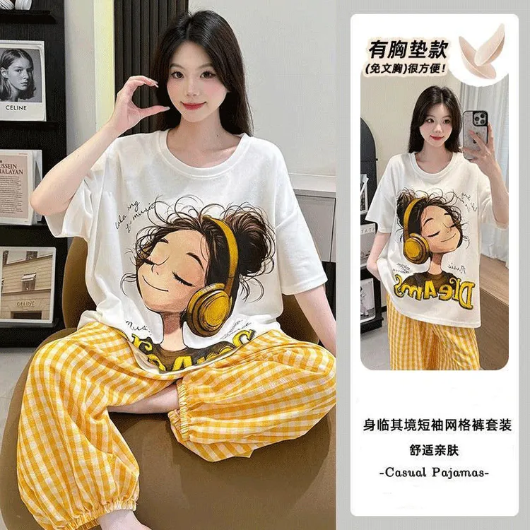 2025年带胸垫睡衣女夏季短袖长裤卡通耳机女孩家居服棉质套装外穿