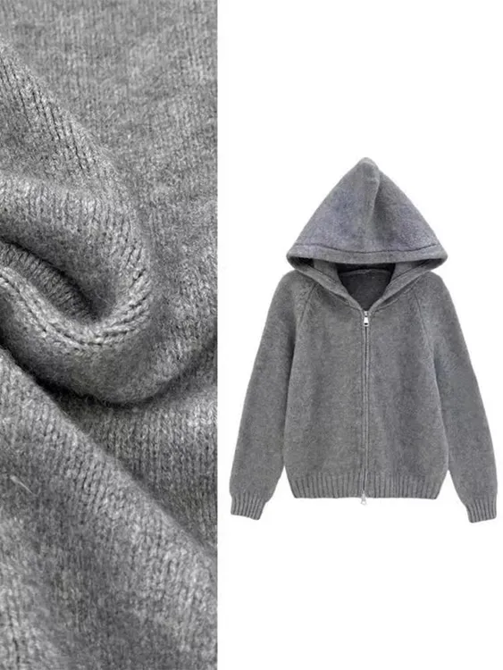 韩系双拉链设计感纯色连帽针织开衫女简约高品质新款针织开衫